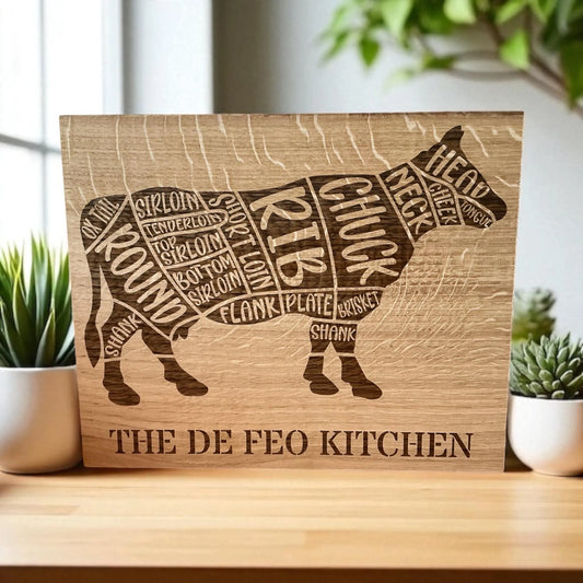 Personalised Oak Chopping Board with Meat Cut Design