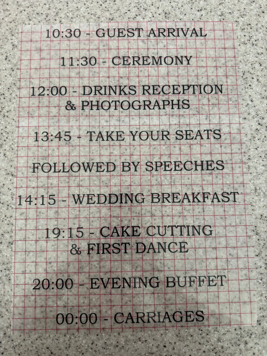 Personalised Order of the Day Vinyl for Wedding Mirror Signs